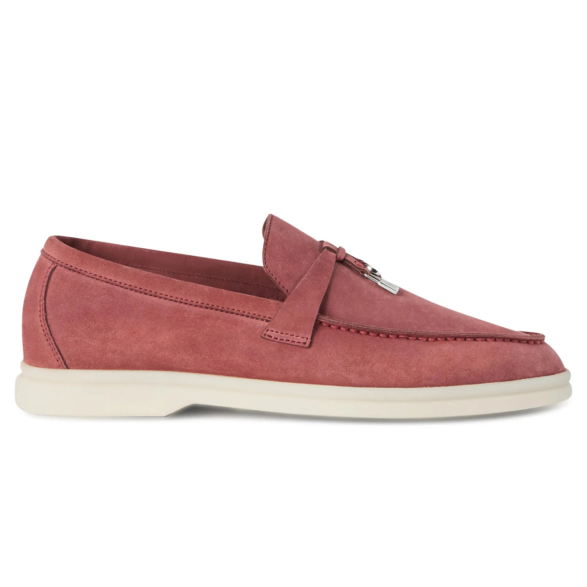 Side View of Loro Piana Summer Charms Suede Red Orchid Loafers FAE5444_R09E